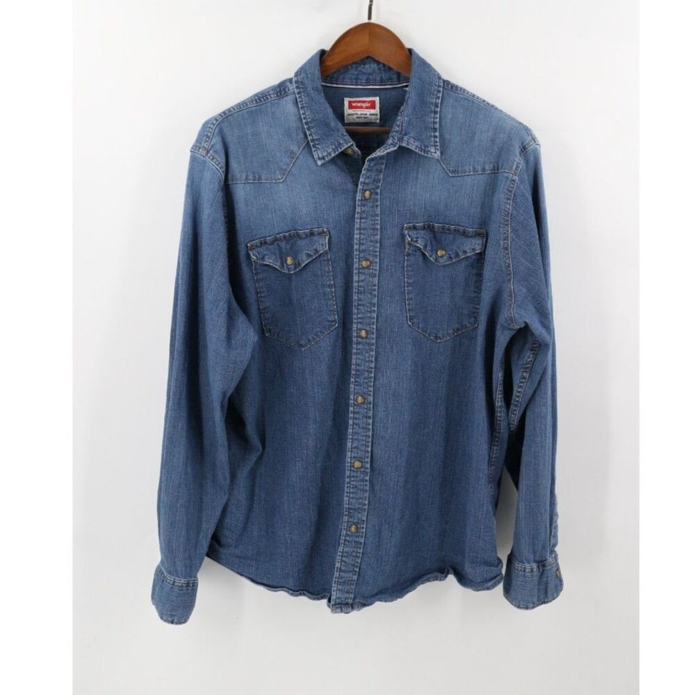 Wrangler Mens Denim Western Pearl Snap Shirt Jacket Size XL Blue